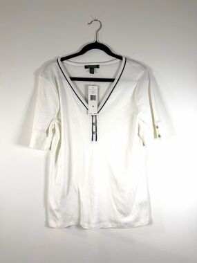 Ralph Lauren White V-Neck Short Sleeve Top with Navy Trim